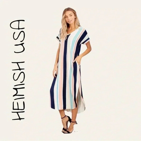 0096. Heimish USA MAXI‎ DRESS STRIPE MULTICOLOR SLITS AT BOTTOM SIZE SMALL - Picture 1 of 12